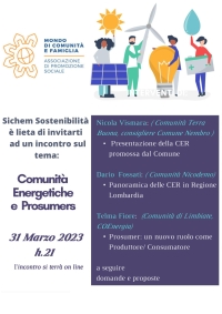 Comunità Energetiche e Prosumers, incontro on line il 31 marzo