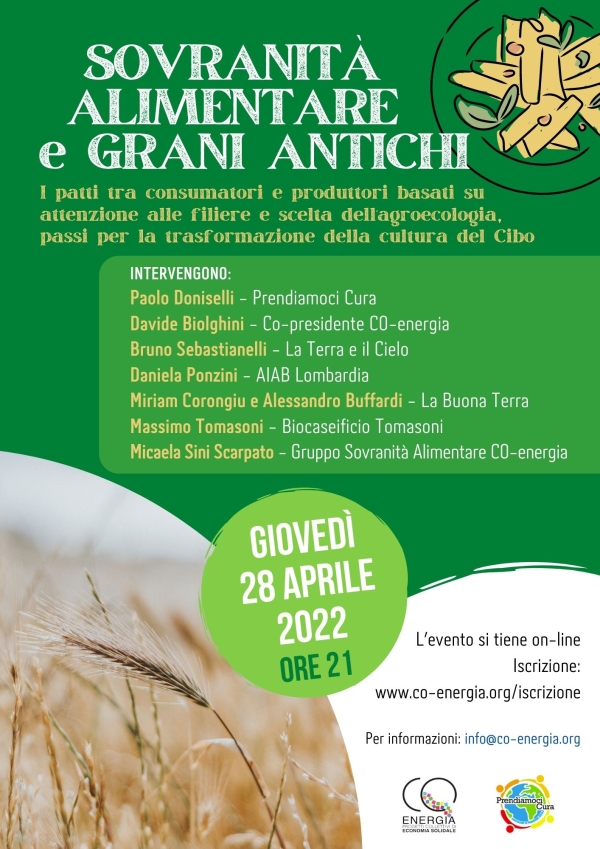 Sovranità alimentare e grani antichi, incontro on line il 28 aprile