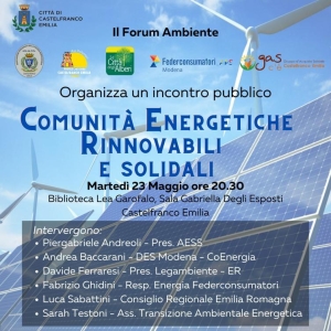 Incontro sulle comunità energetiche il 23 maggio a Castelfranco Emilia
